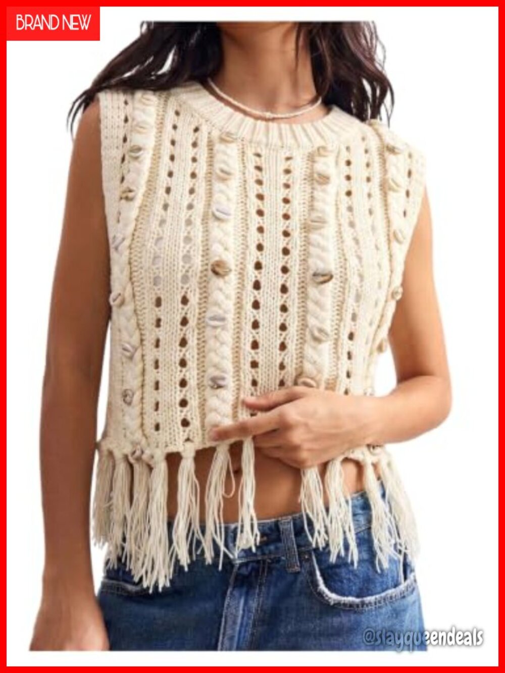 Tassel Trim Hollow Out Sweater Vest Sleeveless Tank Top